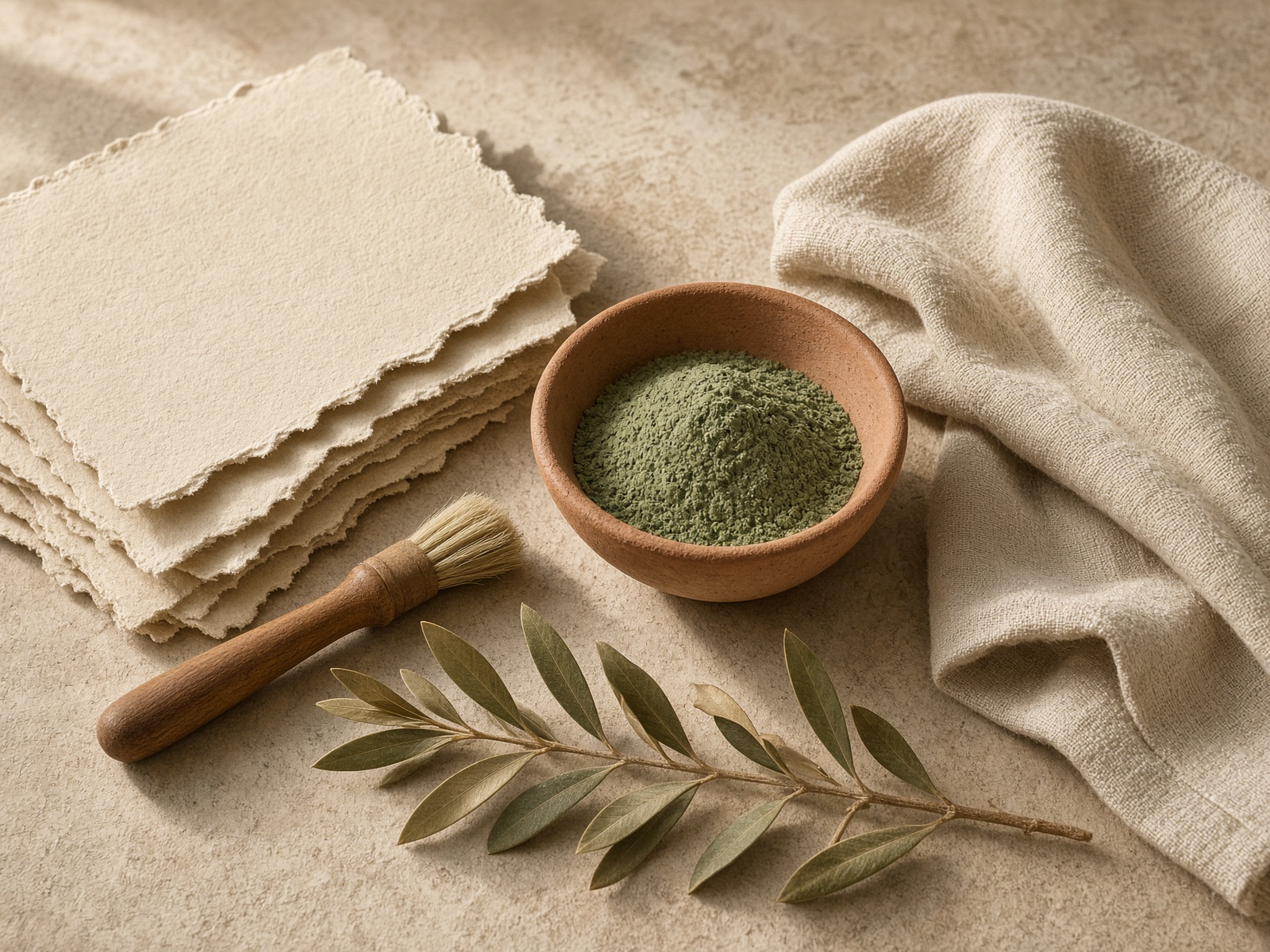 Papel artesanal, cuenco con matcha, pincel y rama de olivo sobre lino