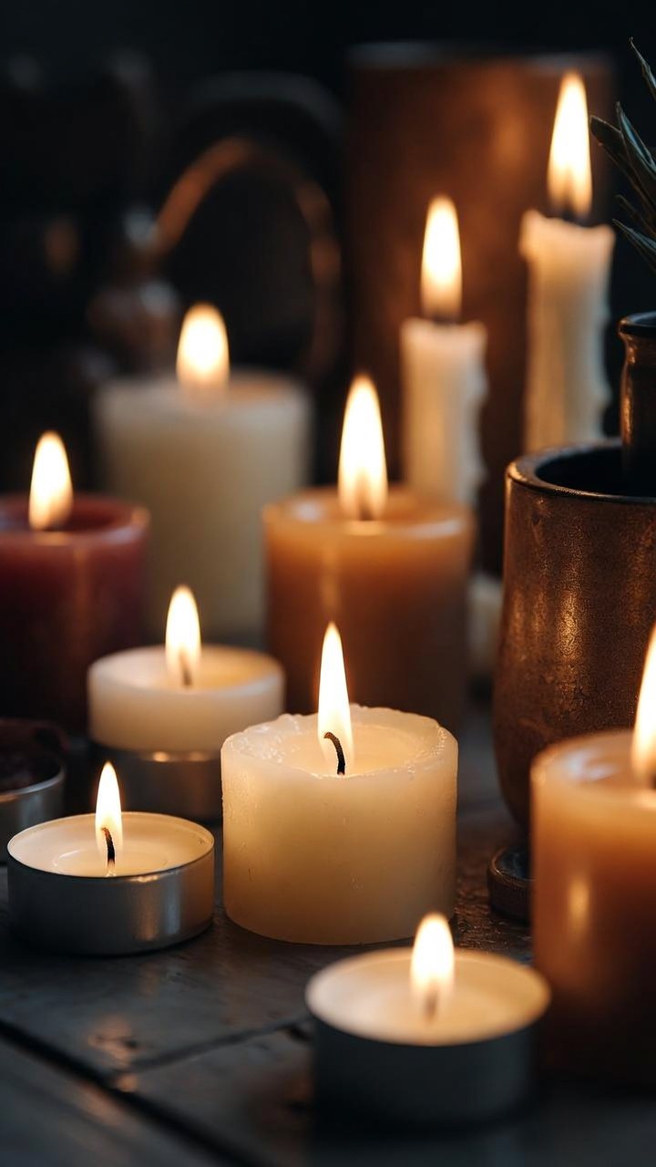Velas encendidas en penumbra con luz cálida